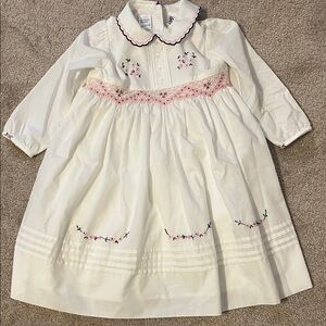 Sarah Louise White Smocked Dress with Pink and Navy Embroidered Flowers size 3